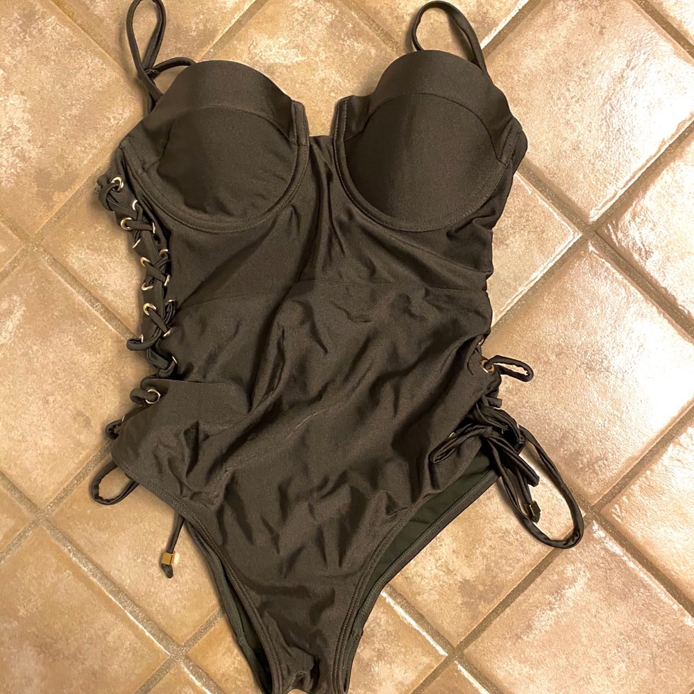 Dark green ties up side swimsuit
